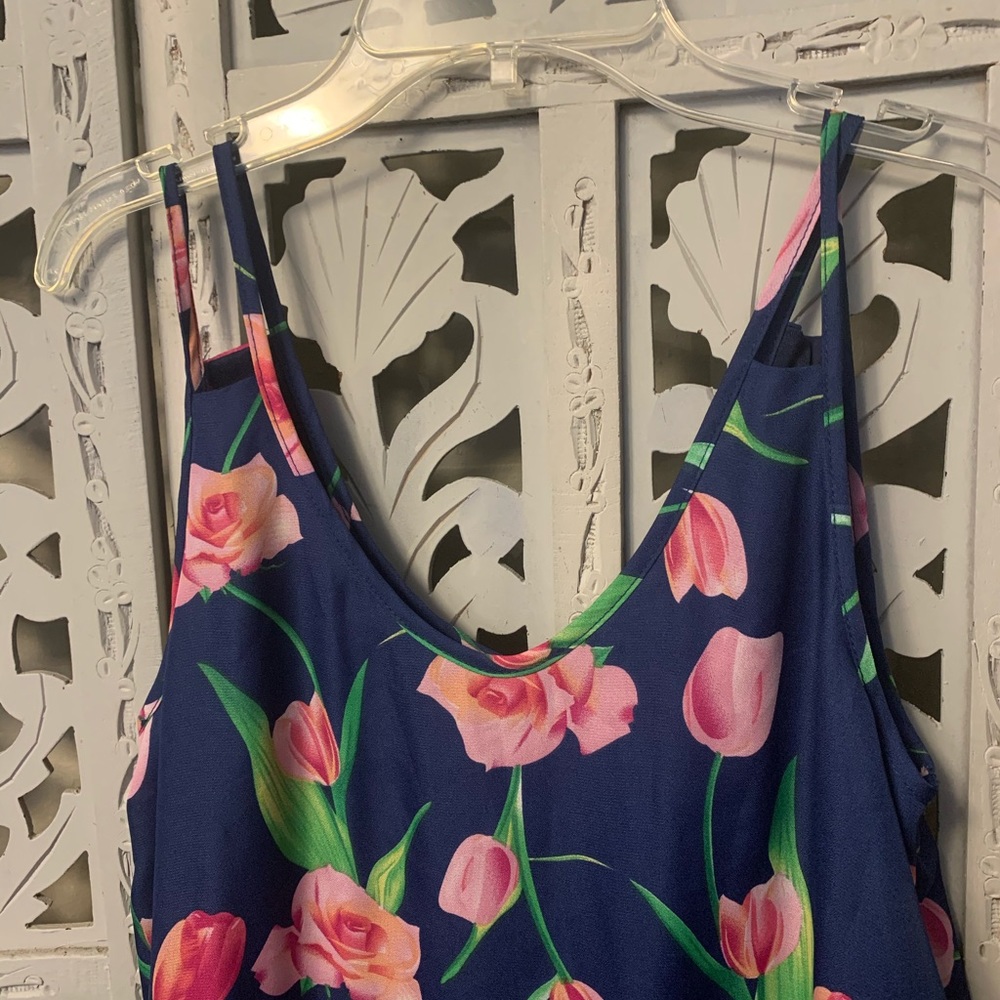 BLUE WITH PINK FLOWERS SLEEVELESS SWIM COVER OR MINI DRESS - Picture 3 of 5